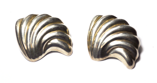 Beautiful Sterling Silver Mexico Wave Shell Hollow 31mm Earrings Clip On TD-64