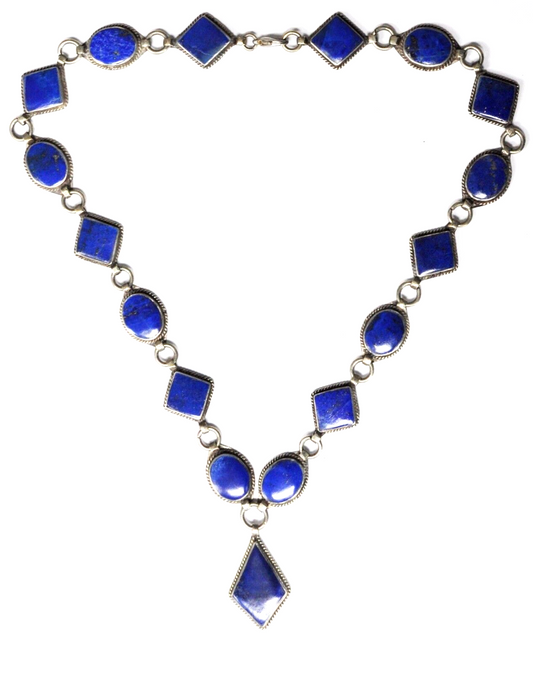 Silver Plated Oval 17mm Square Lapis Link Necklace 36mm Pendant  19-3/4"