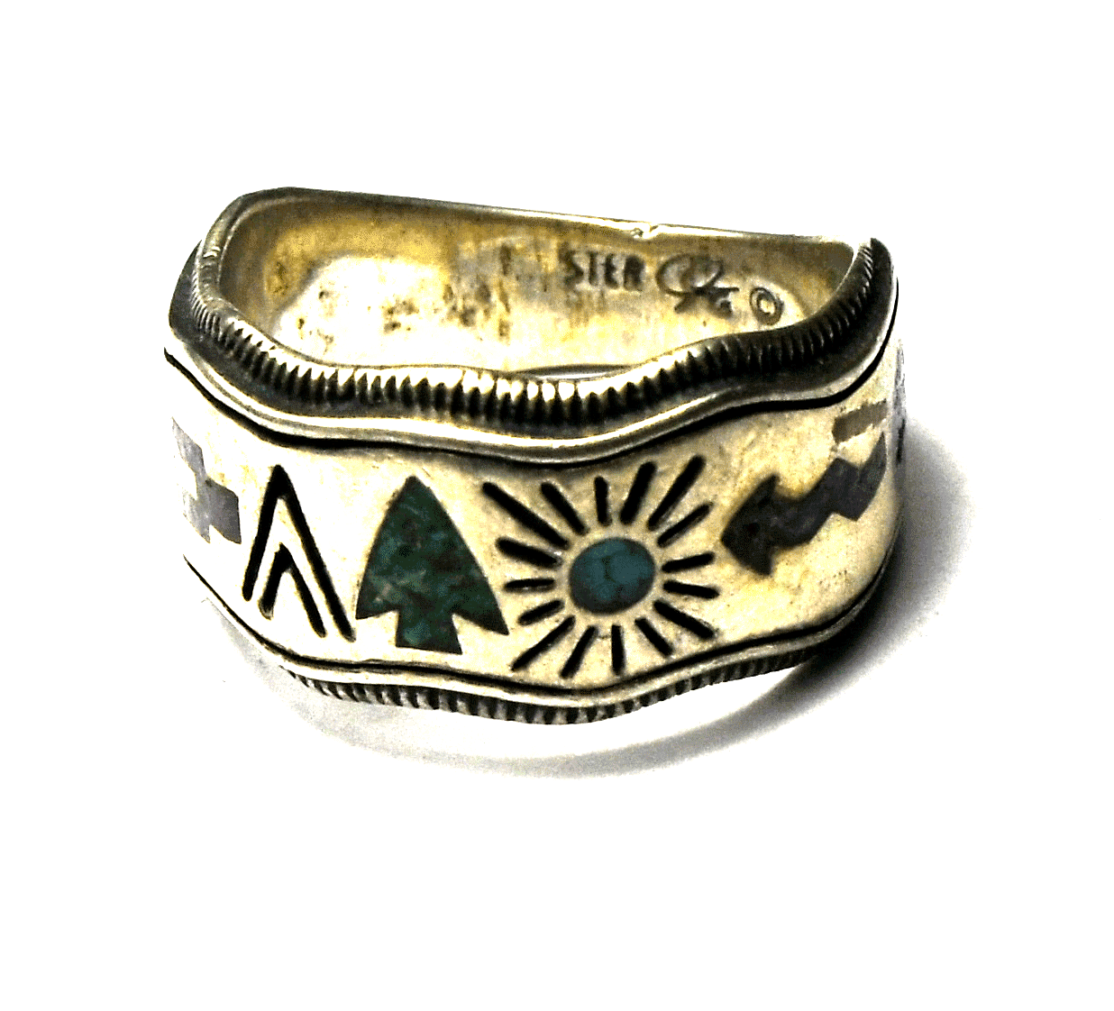 Sterling Silver Carolyn Pollack Chip Inlay Story Teller Ring 11mm Size 7-1/2