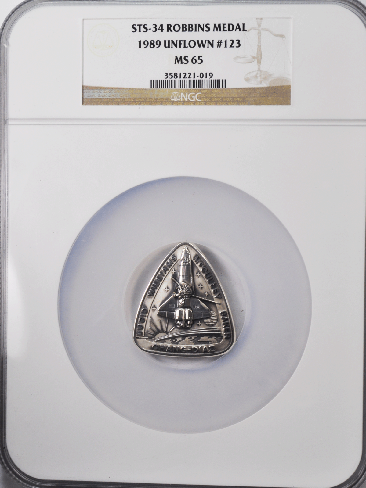 1989 STS-44 Robbins Silver Space Medal Unflown #123 NGC MS65 Atlantis