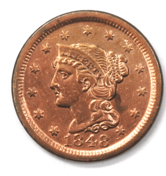 1848 1c Braided Hair Large Cent One Penny US AU
