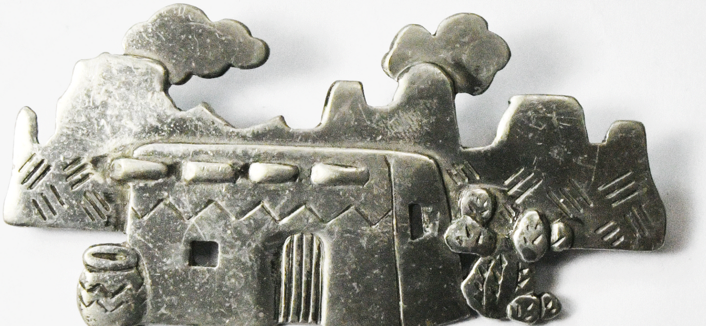 Pewter 1988 Jonette Pueblo Village landscape Brooch Pin 64mm x 32mm