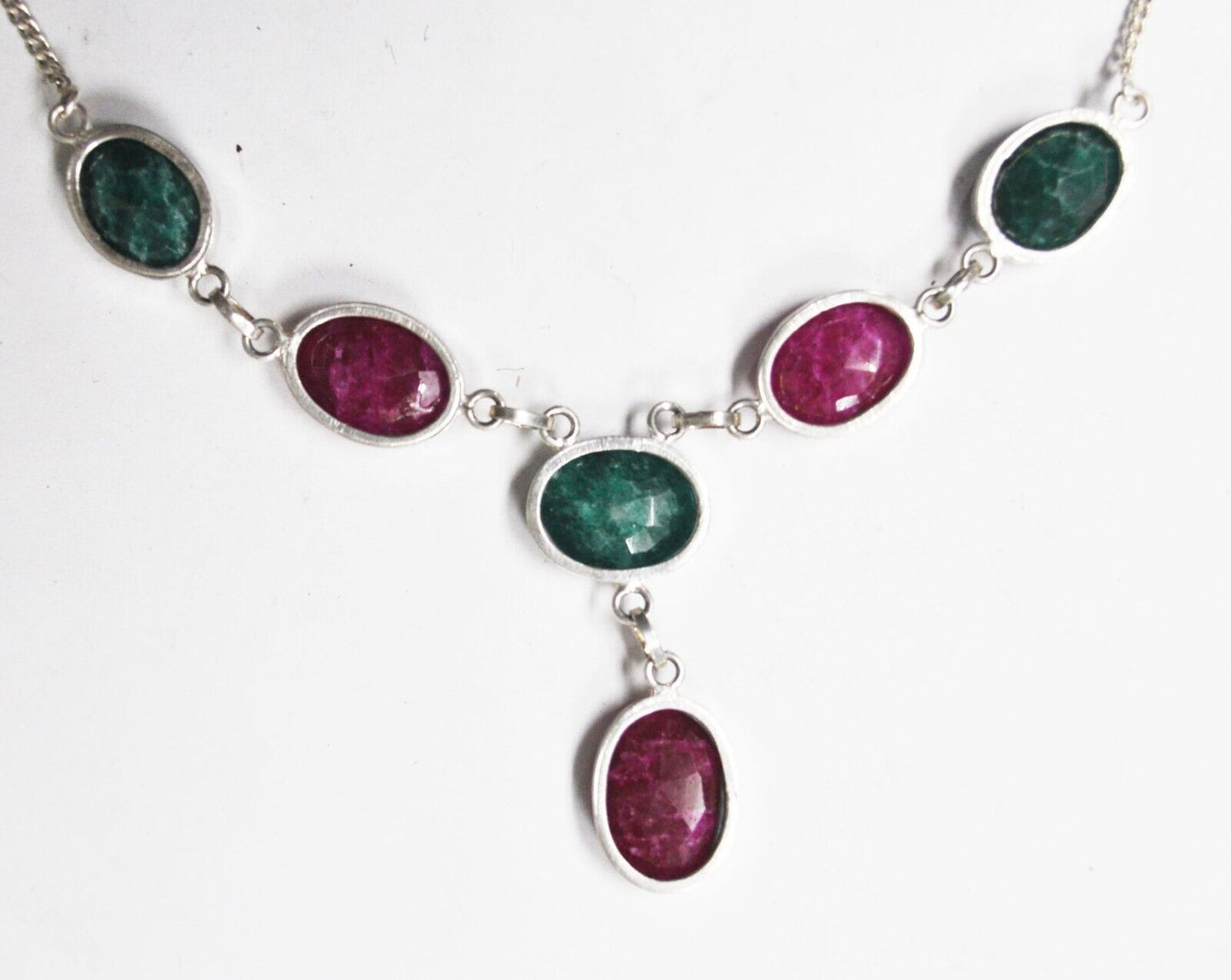 Sterling Silver 56mm Dangle Pink & Green Crackle Quartz Necklace  18.5"