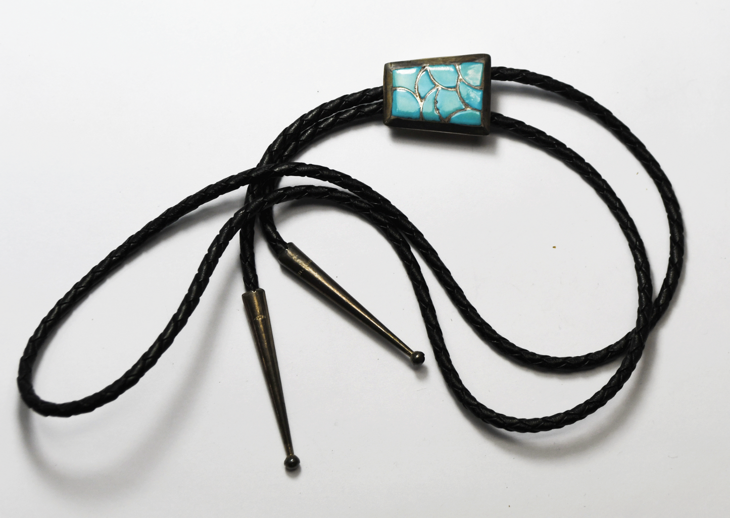 Sterling Turquoise Inlay Bolo Tie 30 x 22mm 18" Double Black Leather Cord