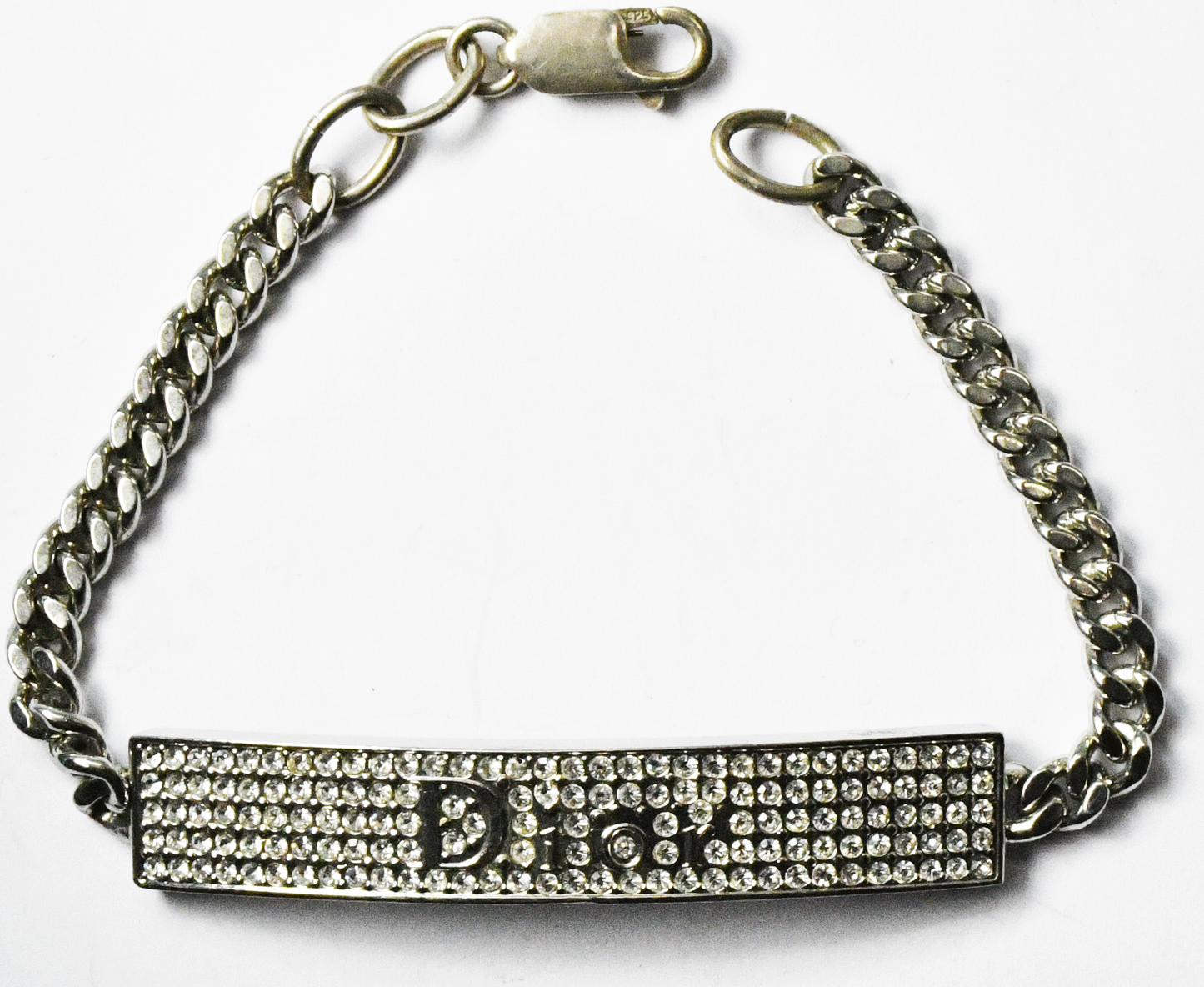 Sterling Silver Retro Christian Dior Pave CZ ID Bracelet 10mm 7.5"