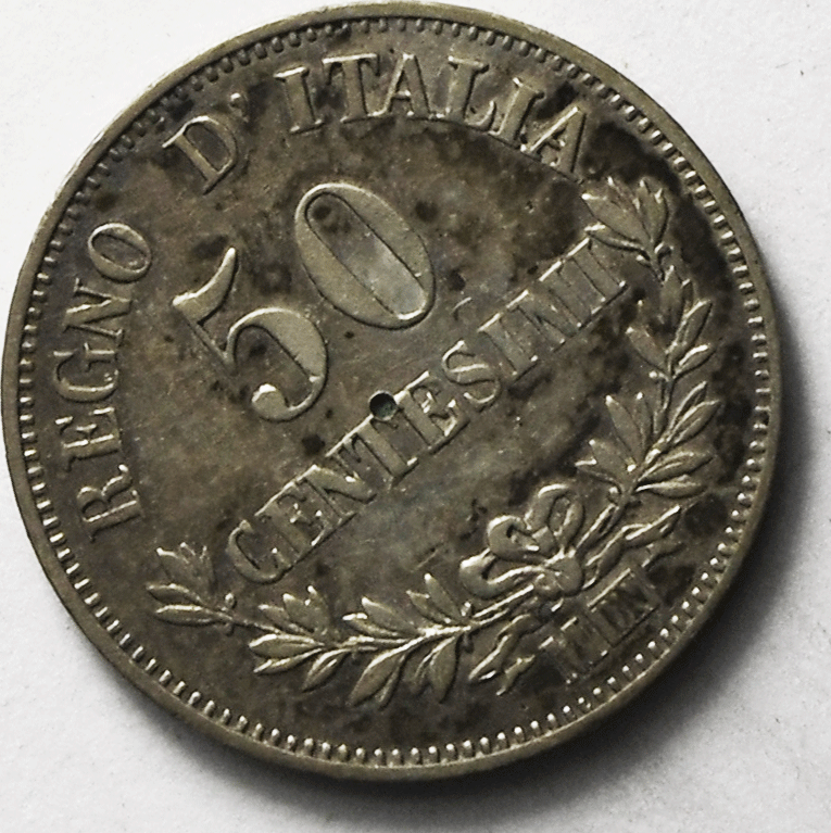1863 M Italy 50 Fifty Centesimi Silver Coin KM# 14.1