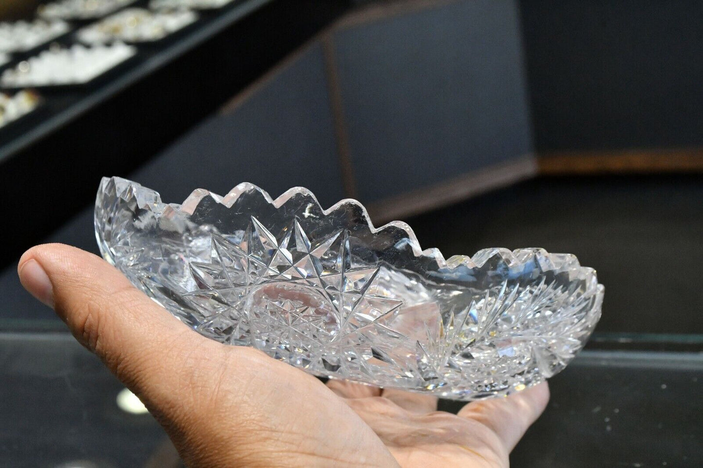 Vintage Czech Bohemian Style Cut Crystal Ash Tray 6" x  1 1/2" Beautiful Heavy