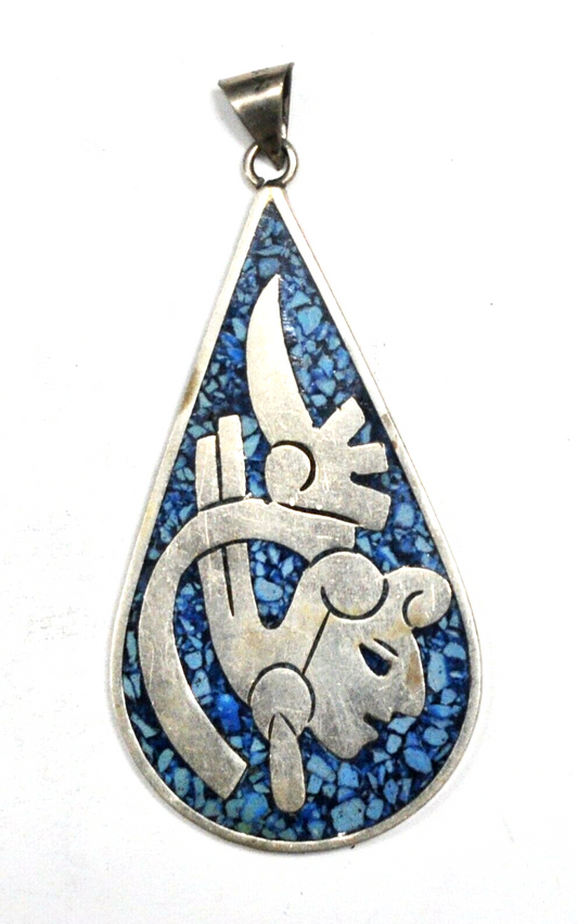 Silver Plated Green Blue Turquoise Chip Inlay Teardrop Mayan Mexico Pendant
