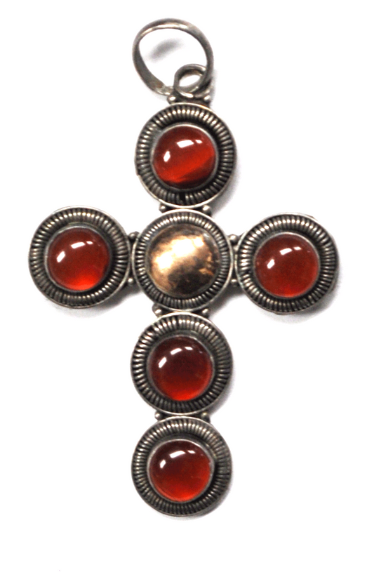 Sterling Silver Two Tone Round Amber Cross Pendant 33mm x 49mm