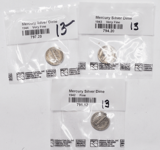 1942 1943 & 1944 10c Mercury Silver Dimes Ten Cents Philadelphia