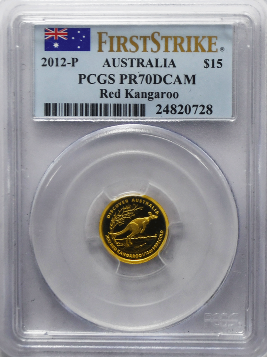 2012 P $15 Australia Gold Red Kangaroo 1/10th .9999 PCGS PR70 DCAM FS