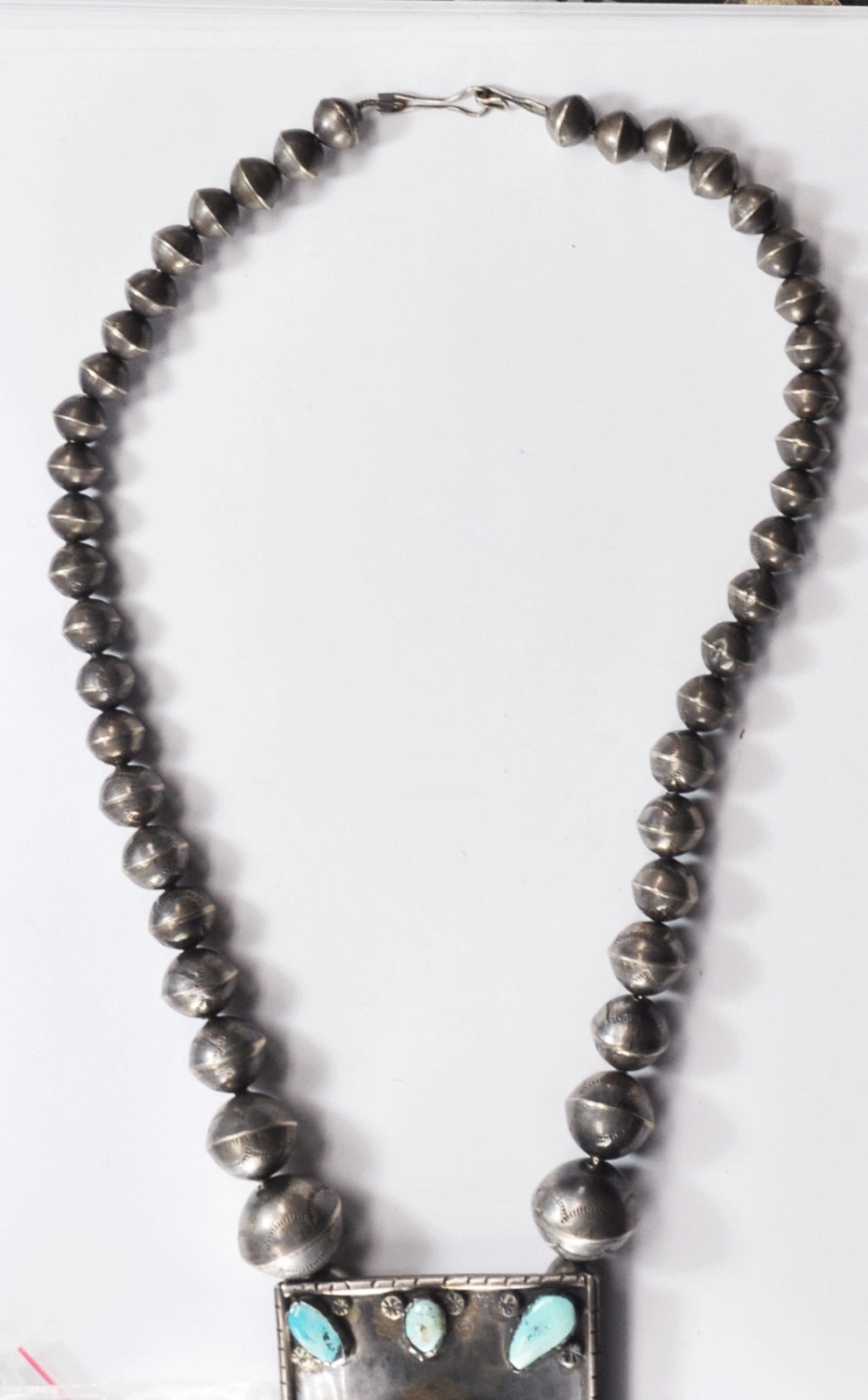 Sterling 26" Handmade 11-23mm Bead Coral Turquoise 4-1/8" x 2-1/2" Pendant