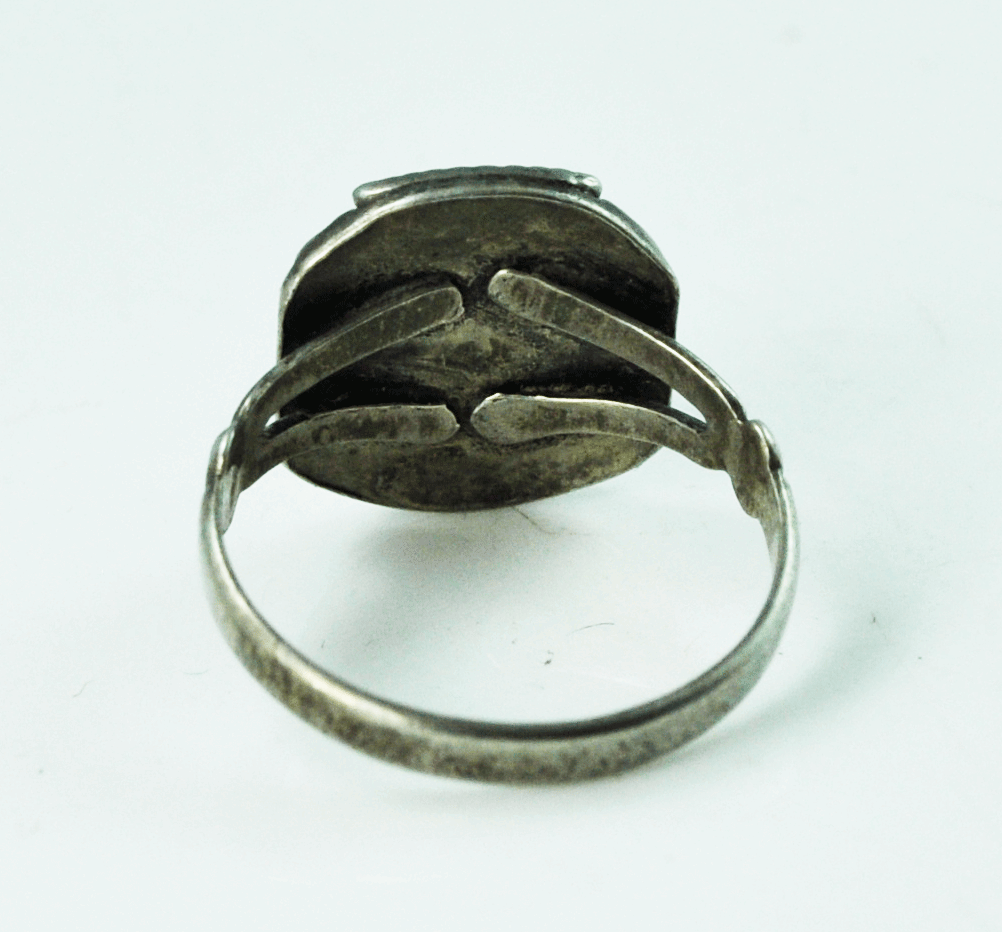 Antique Sterling Silver Rice Stripe Turquoise Shield Dot Ring 14mm Size 6-3/4