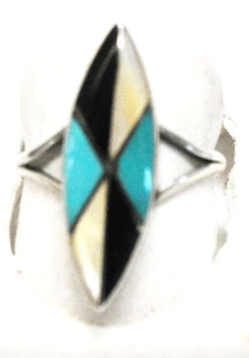 Sterling Turquoise MOP Onyx Inlay Pointed Oval Ring 25mm Size 7 Signed Sunburst
