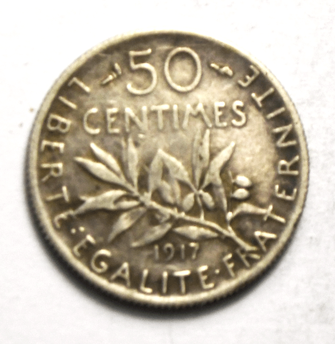 1917 France 50 Fifty Centimes Silver Coin KM# 854