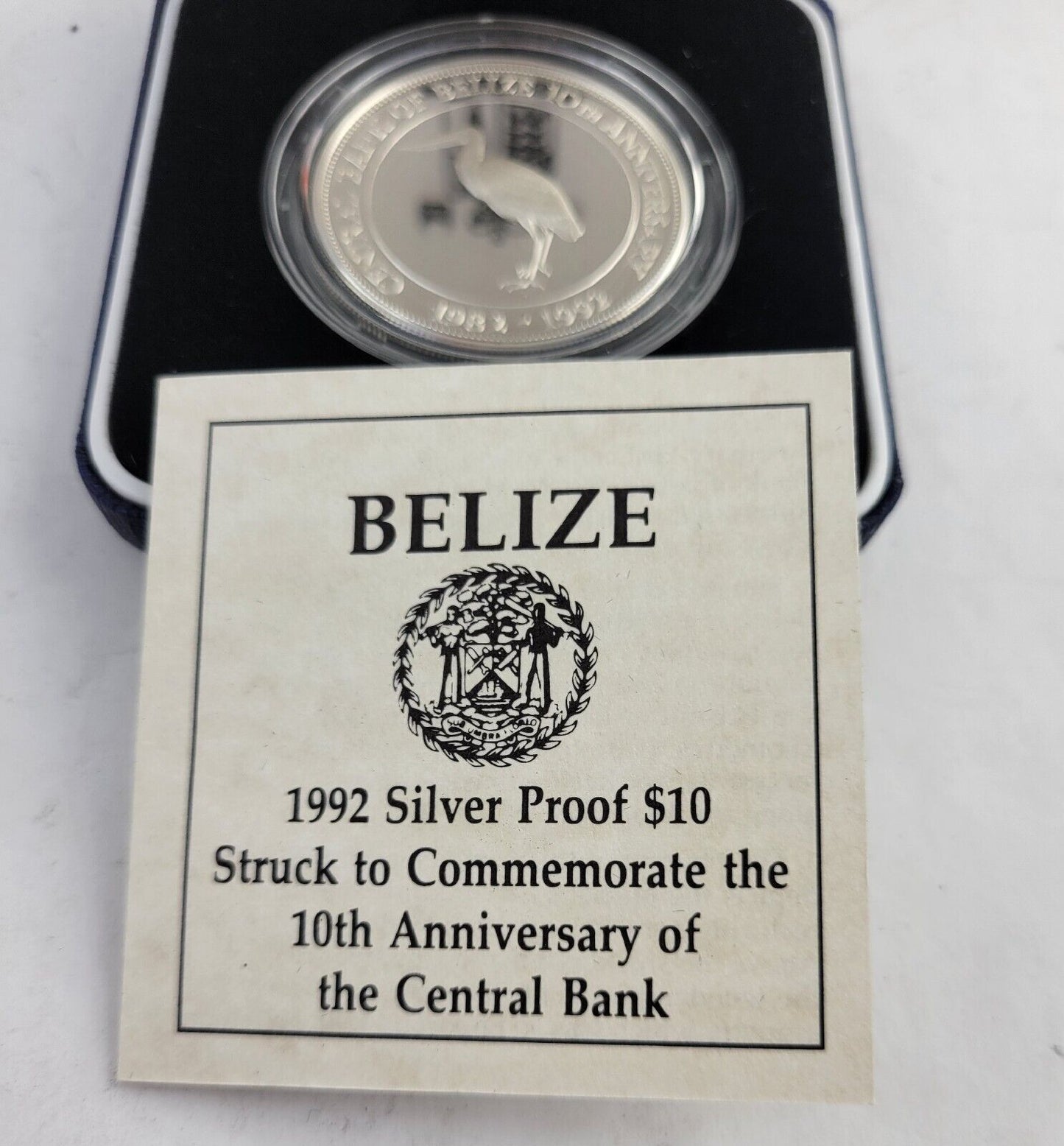 1992 Belize 10 Dollars Silver Proof Jabiru Stork 10yr Commemorative Central Bank