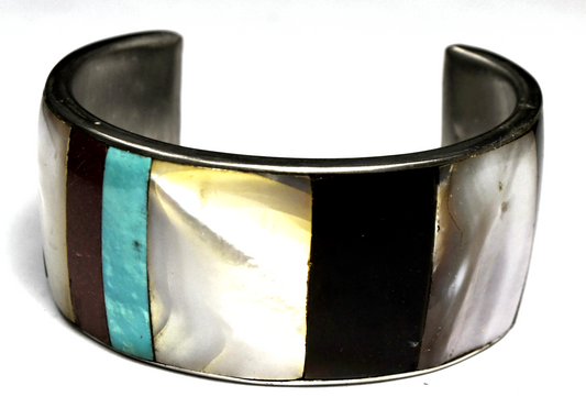 Silver Tone Made in the Philippines MOP Inlay Cuff Bracelet 31mm 7" Wrist