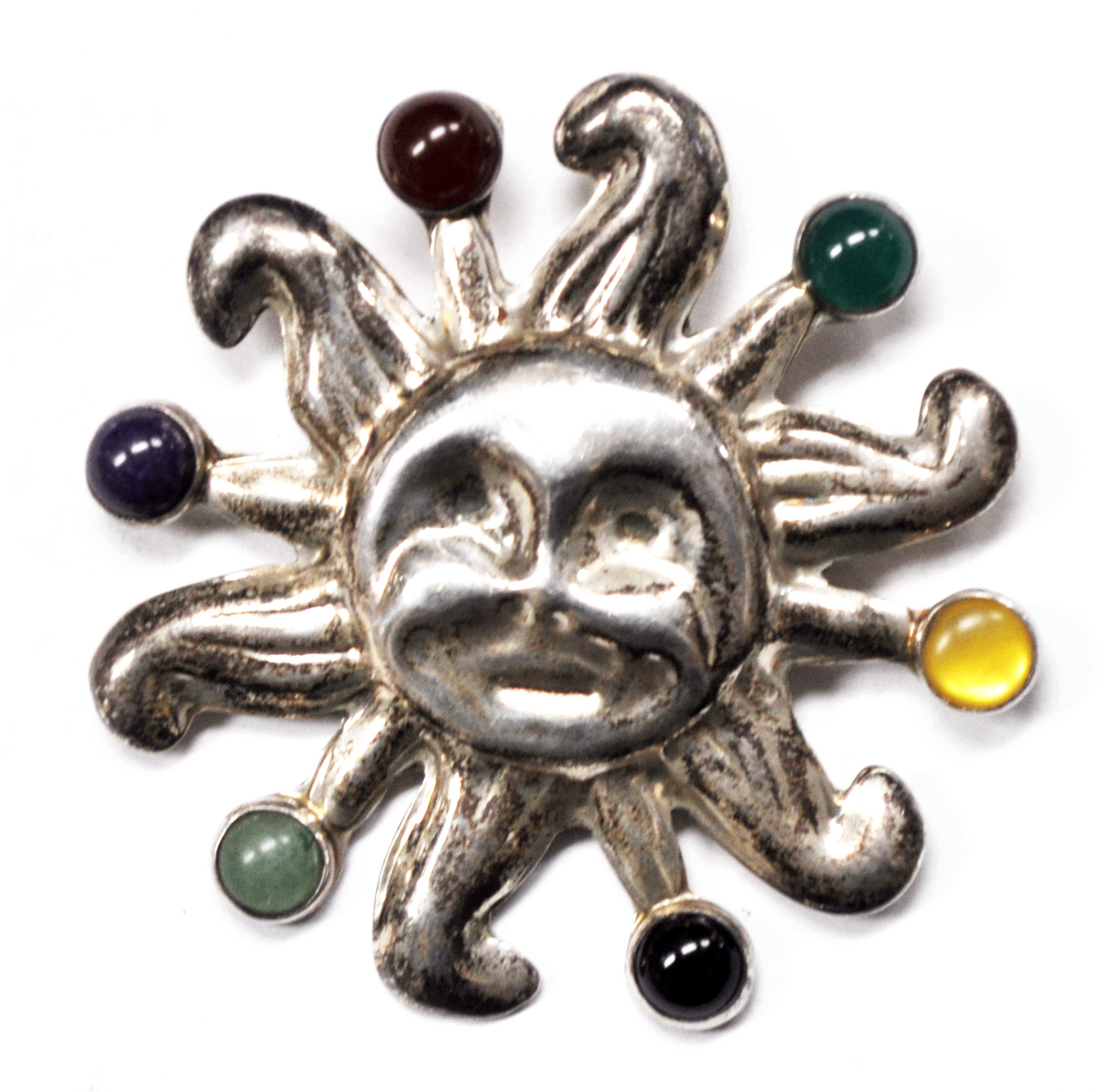 Mexico Sterling Silver Large Sun Multi Color Stone Pendant 67mm