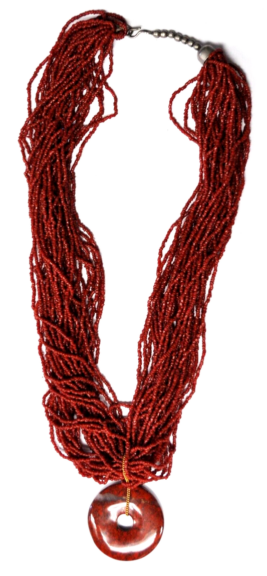 Nickel Silver 30 Strand Coral Seed Bead 23" Necklace Red Jasper 34mm Pendant