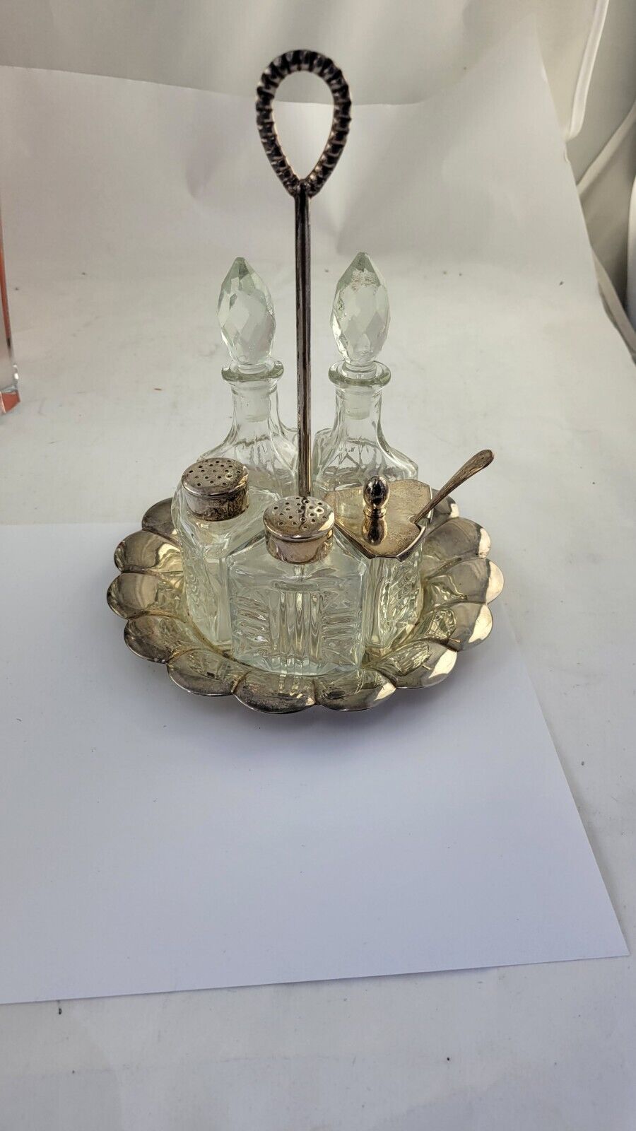 6pc. Vintage Silver Plated Condiment Serving Set/Caddy  Salt Pepper Oil Vinegar