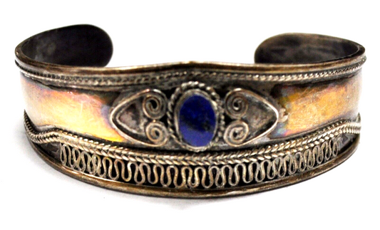 Sterling Silver Vintage Oval Lapis Cuff Bracelet 23mm 7" Wrist