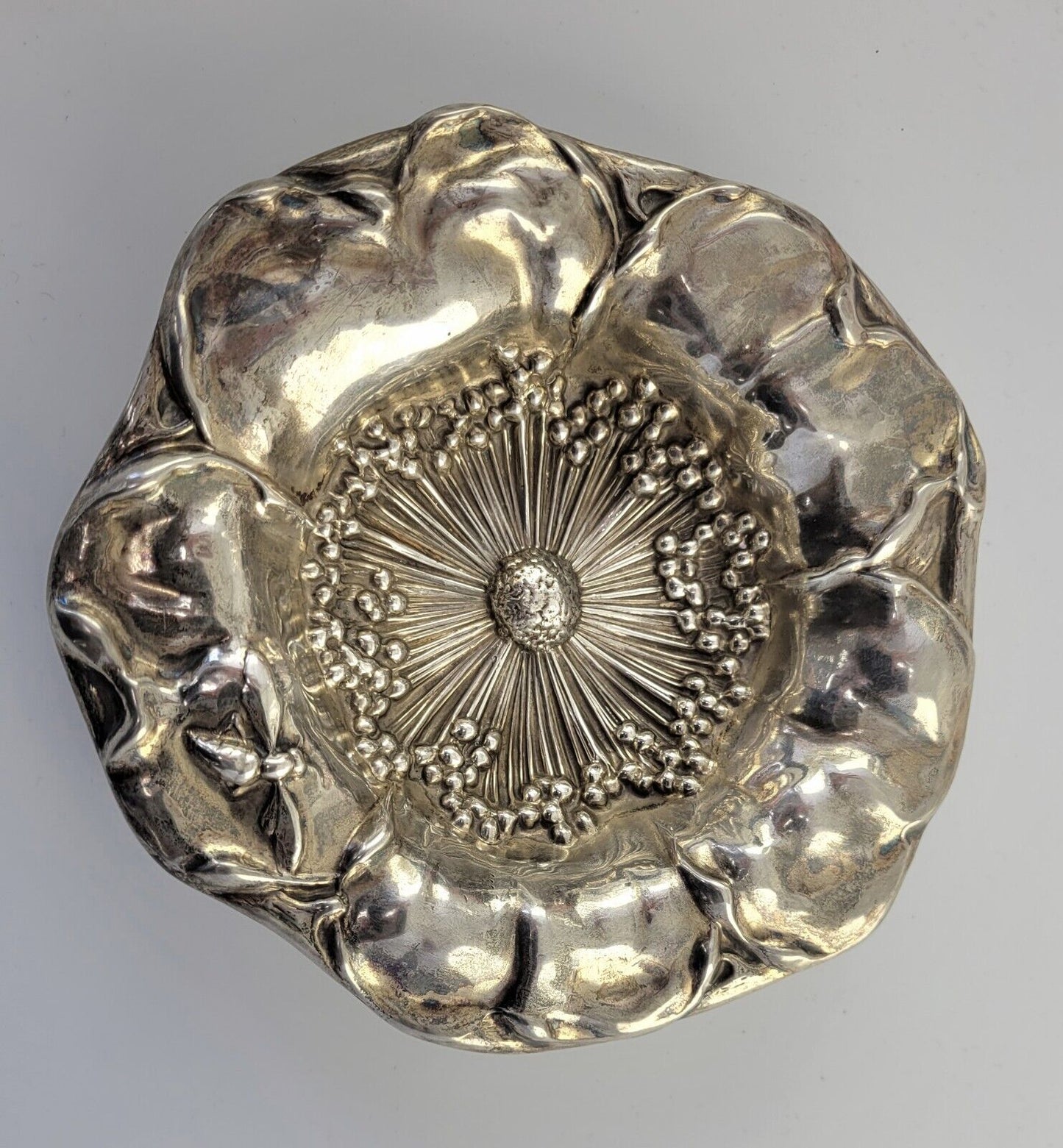1880s Mauser Poppy Sterling Silver 5 1/2" Hand Wrought  Repoussee Dish 2.4oz.