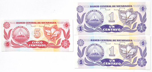 3 1991 Nicaragua Uncirculated One Five 1 & 5 Centavo Note Currency