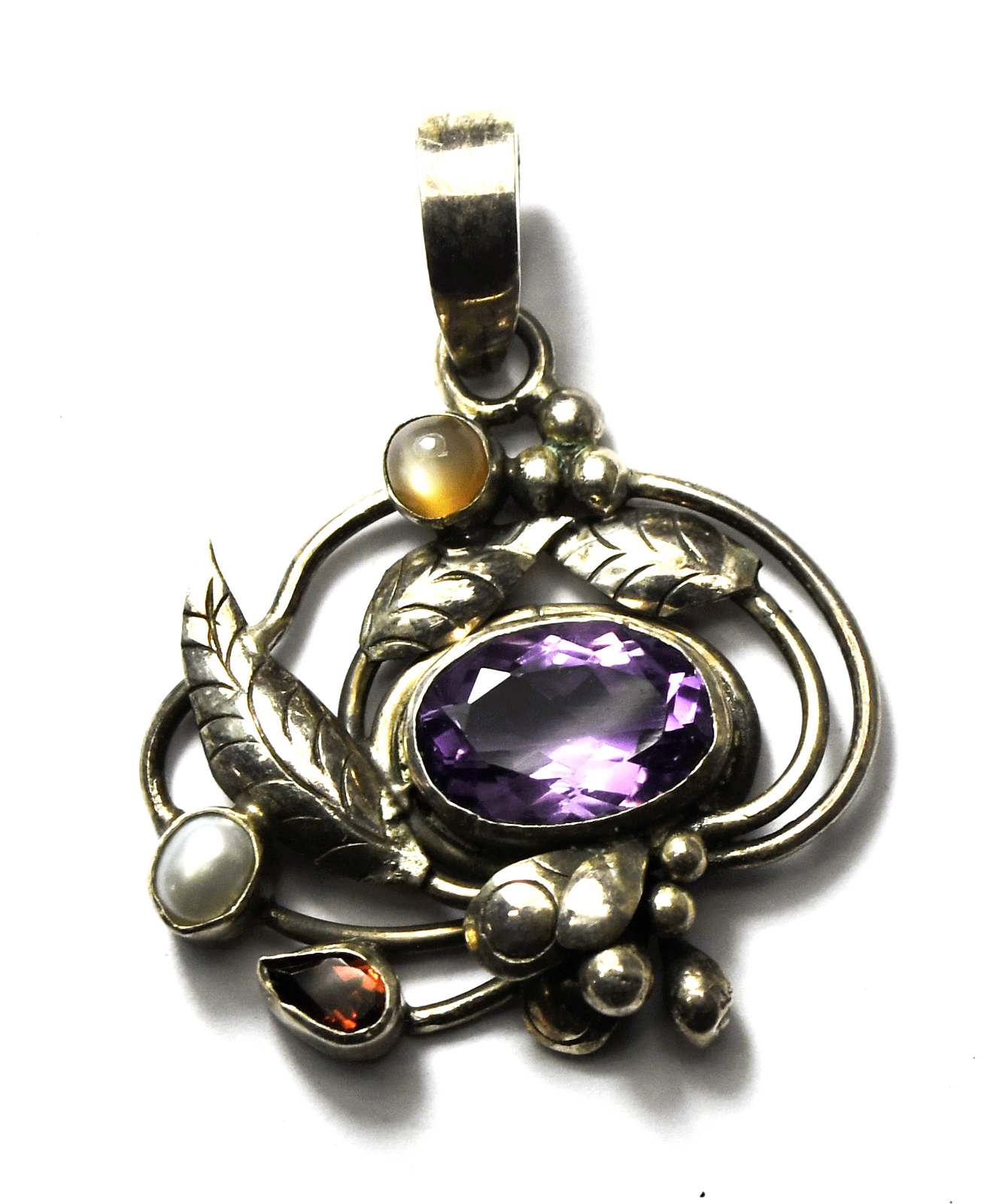 Sterling Silver Oval Amethyst Floral Grapevine Pendant 44mm x 32mm