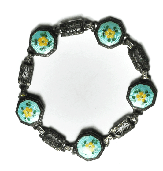 Sterling 16mm Blue Enamel Yellow Flower Guilloche Filigree Bracelet 7-1/4"