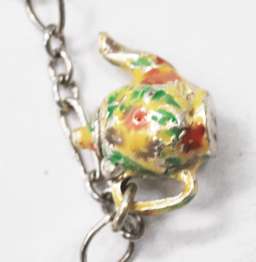 BCS Brown County Sterling Enamel Tea Cup Teapot Charm Bracelet 7-1/4"