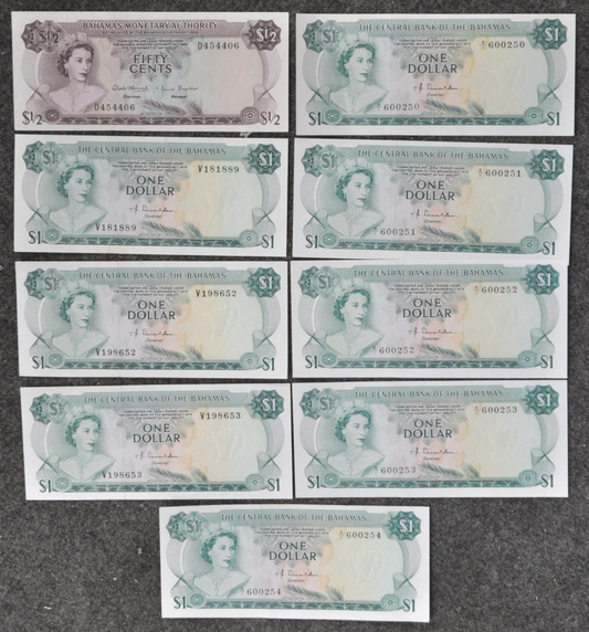 9 Bahama's Central Bank Uncirculated $1/2 & $1 Notes Currency 6 Sequential