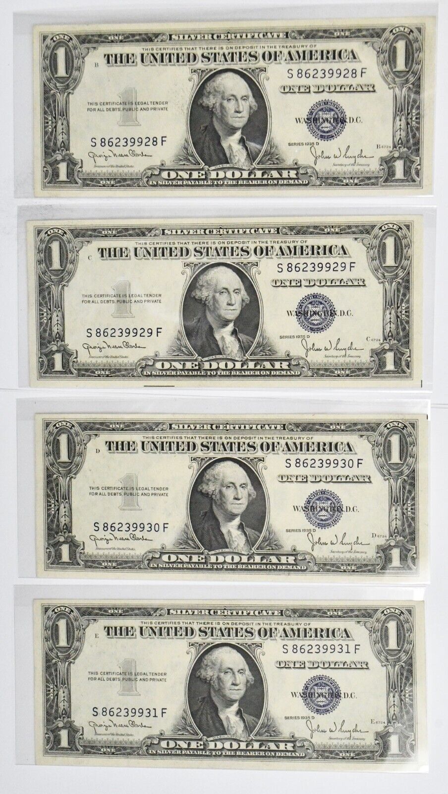 4 1935 D $1 Silver Certificate Notes Sequential S86239928F-31F Uncirculated