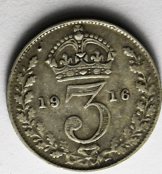 1916 Great Britain 3 Three Pence Silver Coin KM# 813