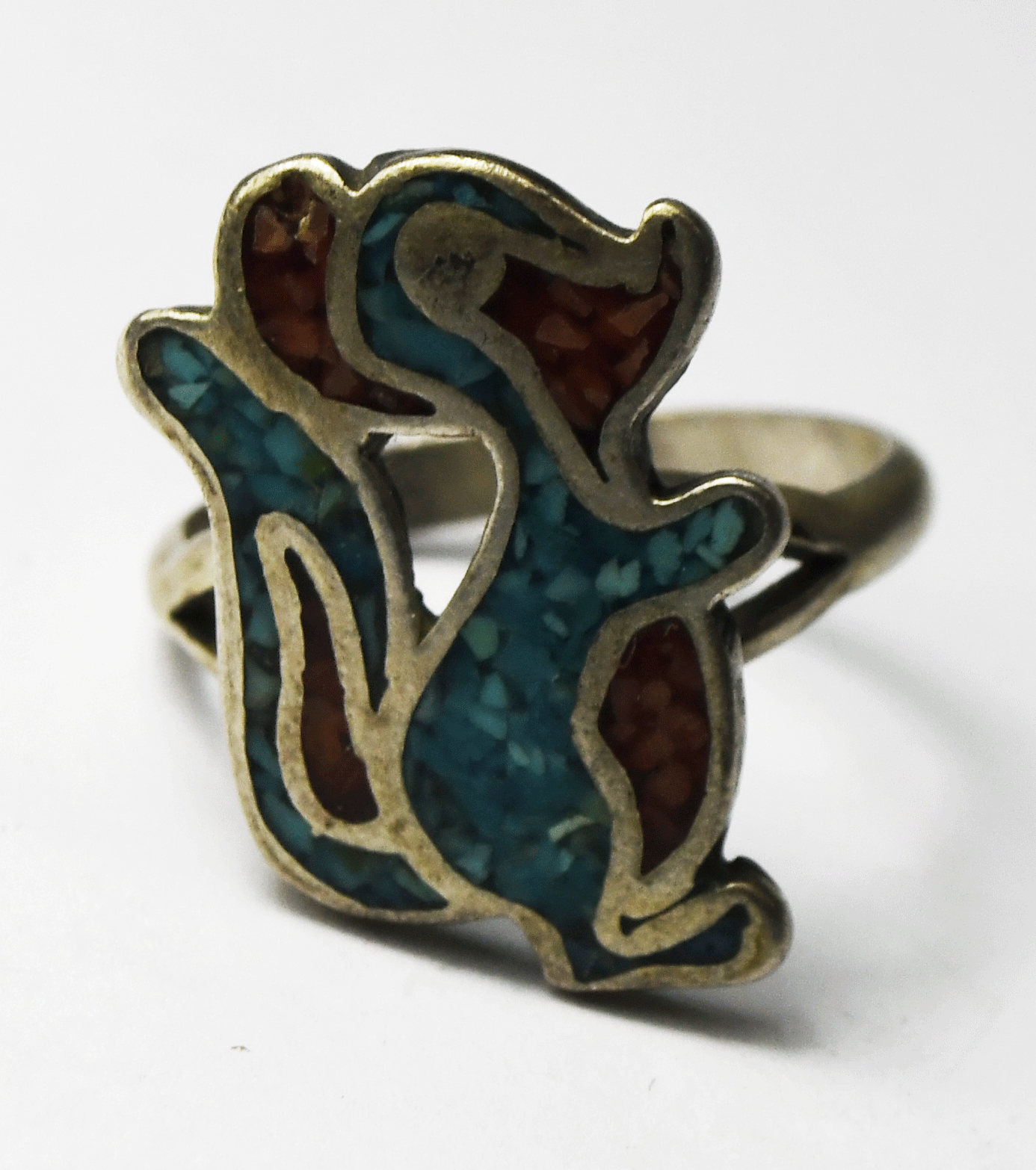 Sterling Turquoise Coral Chip Squirrel Chipmunk Skunk Inlay Ring 23mm Size 6