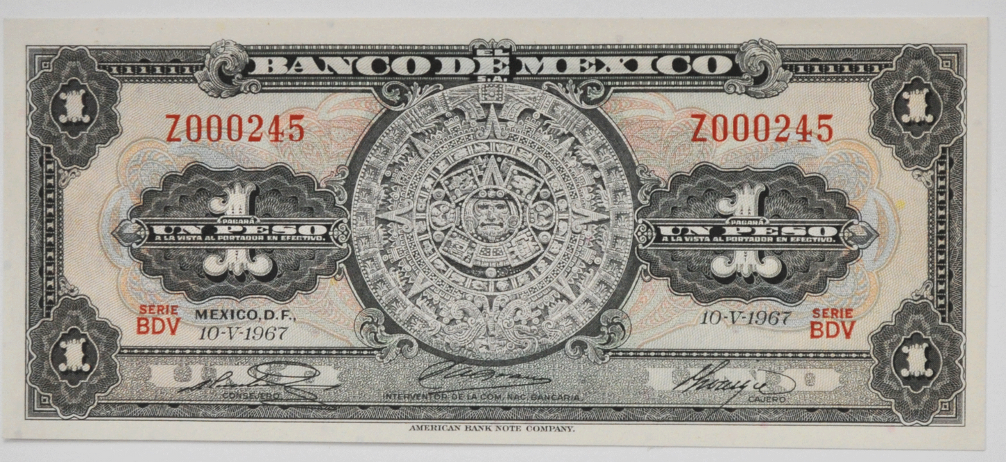 1967 Mexico One 1 Peso BDV Uncirculated Note Z000245