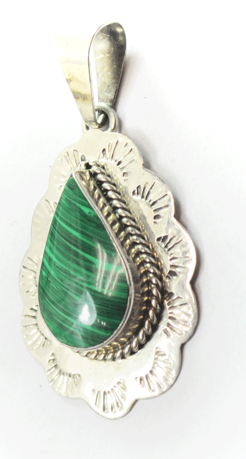 Sterling Mexico Green Malachite Teardrop Etched Rays Halo Pendant 2" x 29mm
