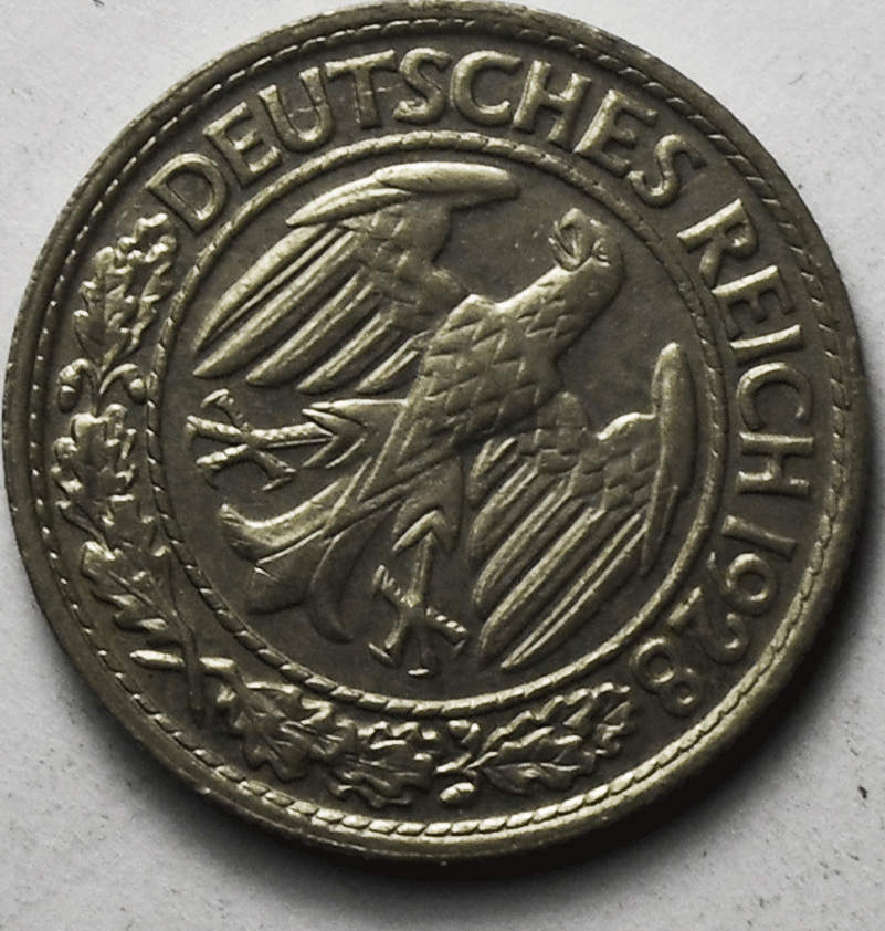 1928 D Germany - Weimar Republic 50 Reichspfennig KM# 49