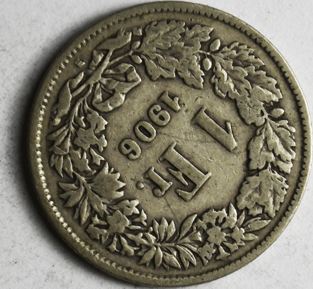 1906 B Switzerland One Franc Silver Coin KM# 24