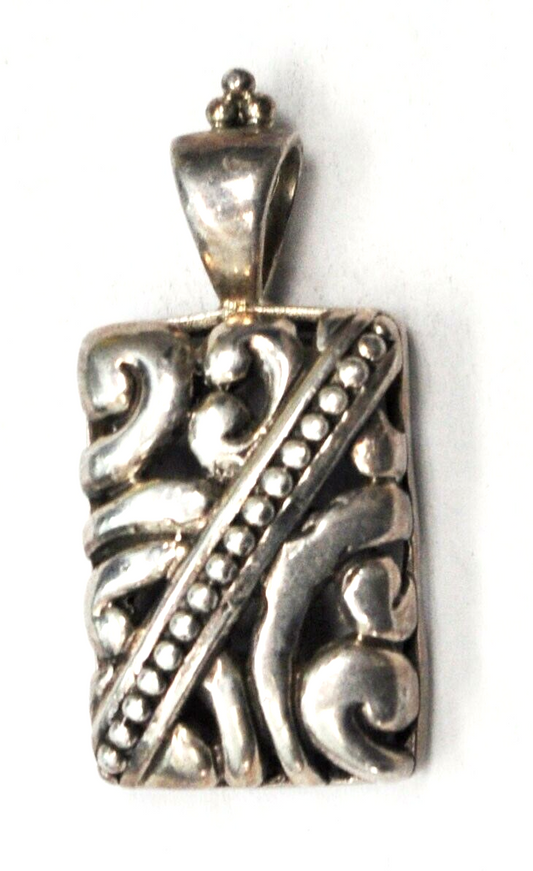 Sterling Silver Rectangle Scroll Beaded Bale Dot Stripe Pendant 37mm x 17mm