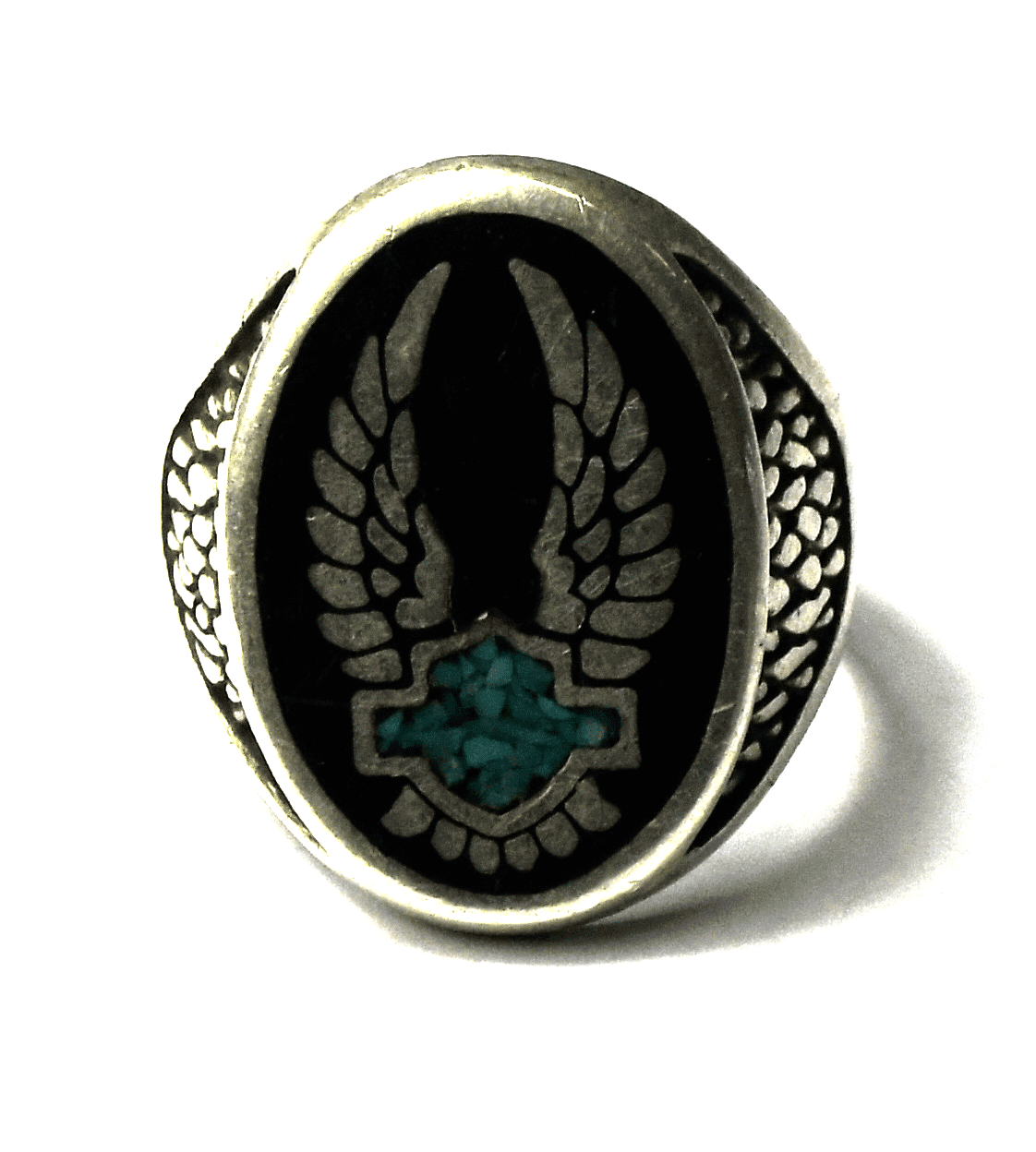 Sterling Black Enamel Turquoise Chip Inlay Harley Biker Ring 25mm Band Size 11