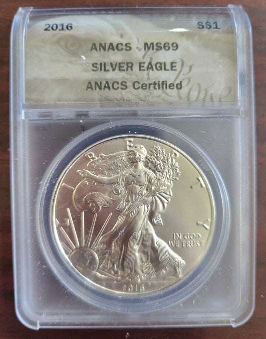 2016 (P) $1 Silver Eagle MS69 ANACS .999 Fine Silver
