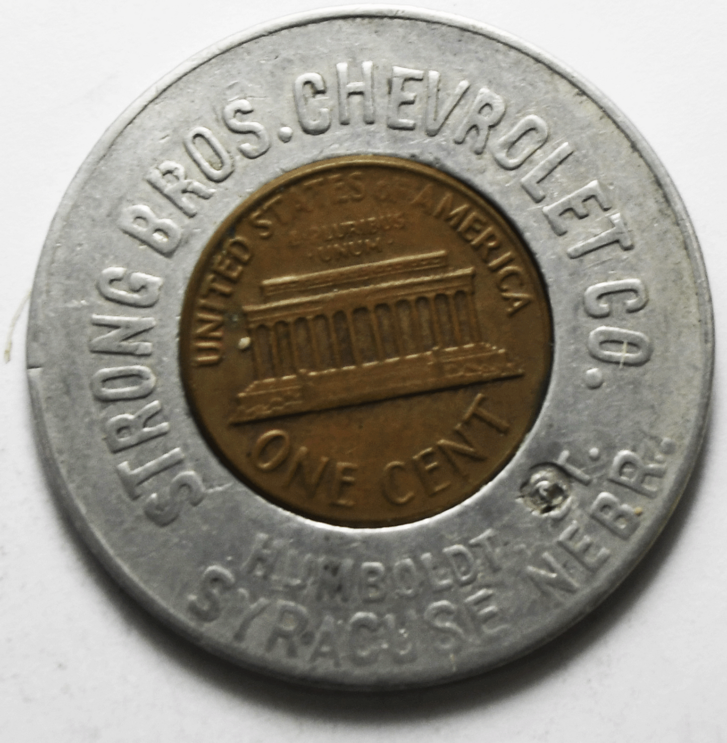 1971  D Memorial Cent 1c Encased Penny Strong Chevrolet Syracuse Nebraska
