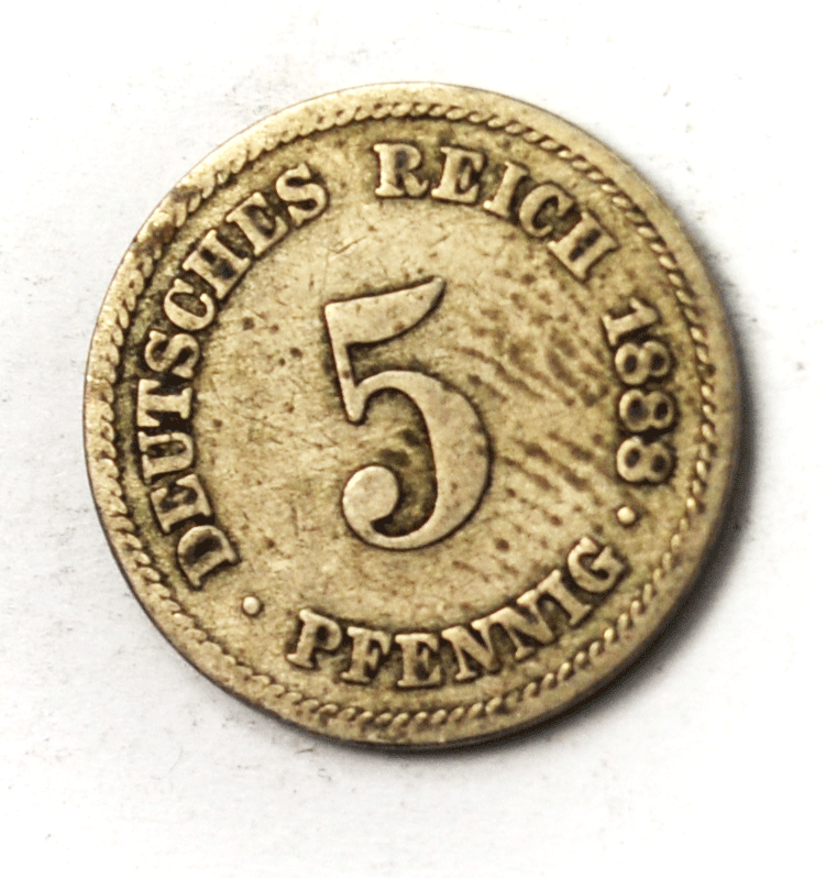 1888 A Germany Empire 5 Five Pfennig Copper Nickel Coin KM# 3