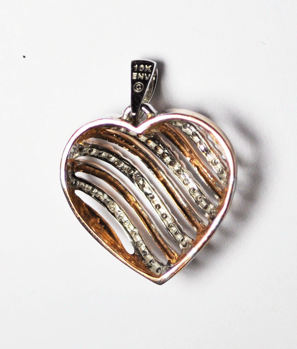 10k Rose Gold & .25ct Diamond Stripe Heart Pendant 24mm Domed Filigree Wire