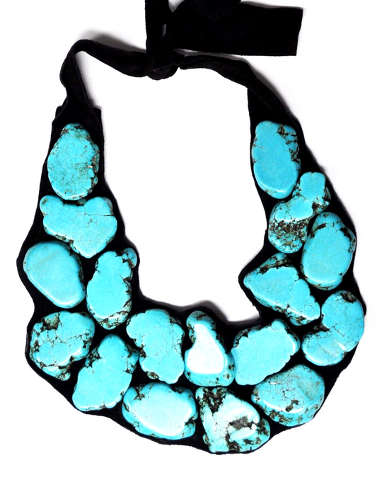 Black Suede Large 3" Wide Turquoise Chunk Necklace 32"