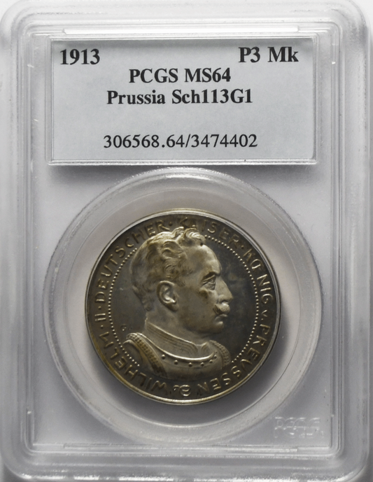 1913 P3 Mark Prussia Pattern Coin Silvered Copper SCHAAF 113G1 PCGS MS64 Top Pop