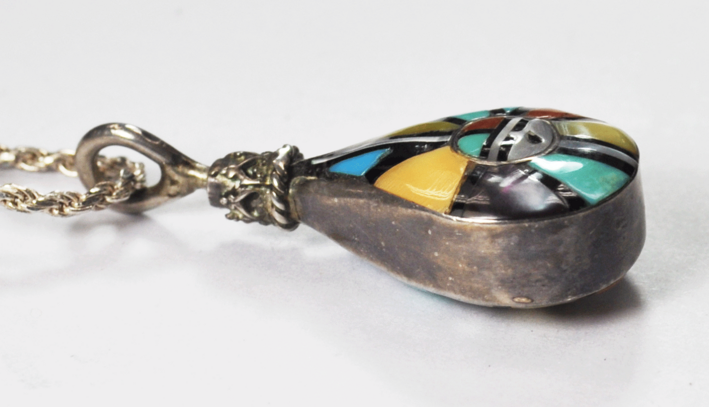 Sterling Silver Sun Inlay Teardrop Pendant Turquoise 1.5" x 16mm Rotating Bale