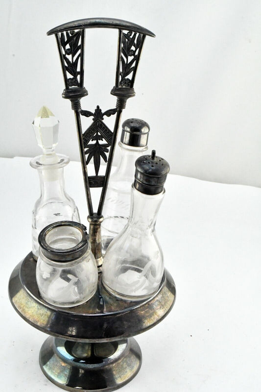 Filligree Silver Plate Lazy Susan Oil & Vinegar Salt Pepper Cruet Set