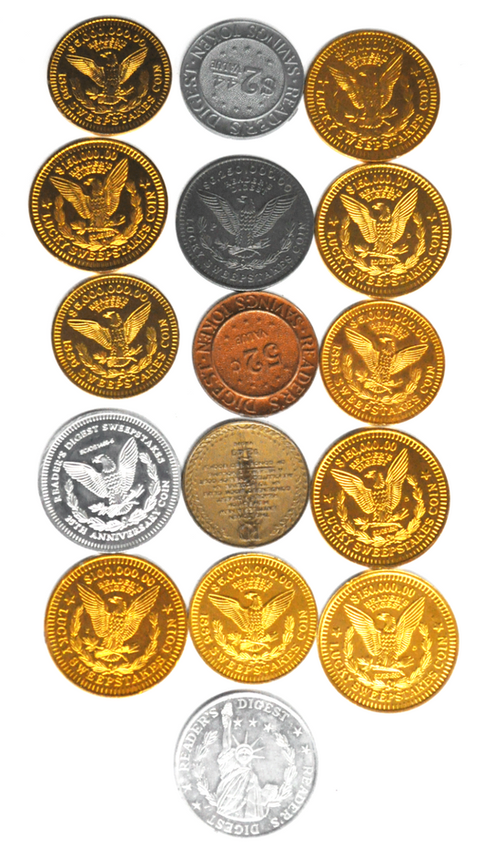 Lot of 16 Readers Digest Aluminum Tokens Book Club Savings Sweepstakes