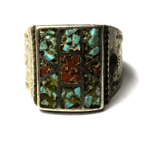 Sterling Silver Turquoise Coral Chip Inlay Rectangle 21mm Ring Size 12-3/4
